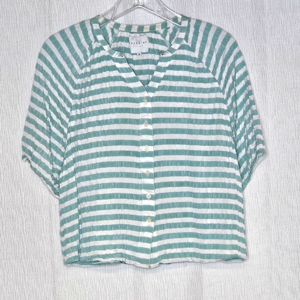 The Shirt Rochelle Behrens Pucker Striped Button Front 3/4 Sleeve Cropped Shirt